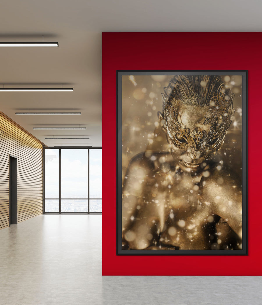 Golden masked nude portrait fine art photography displayed on a bold red gallery wall, luxury modern art decor.