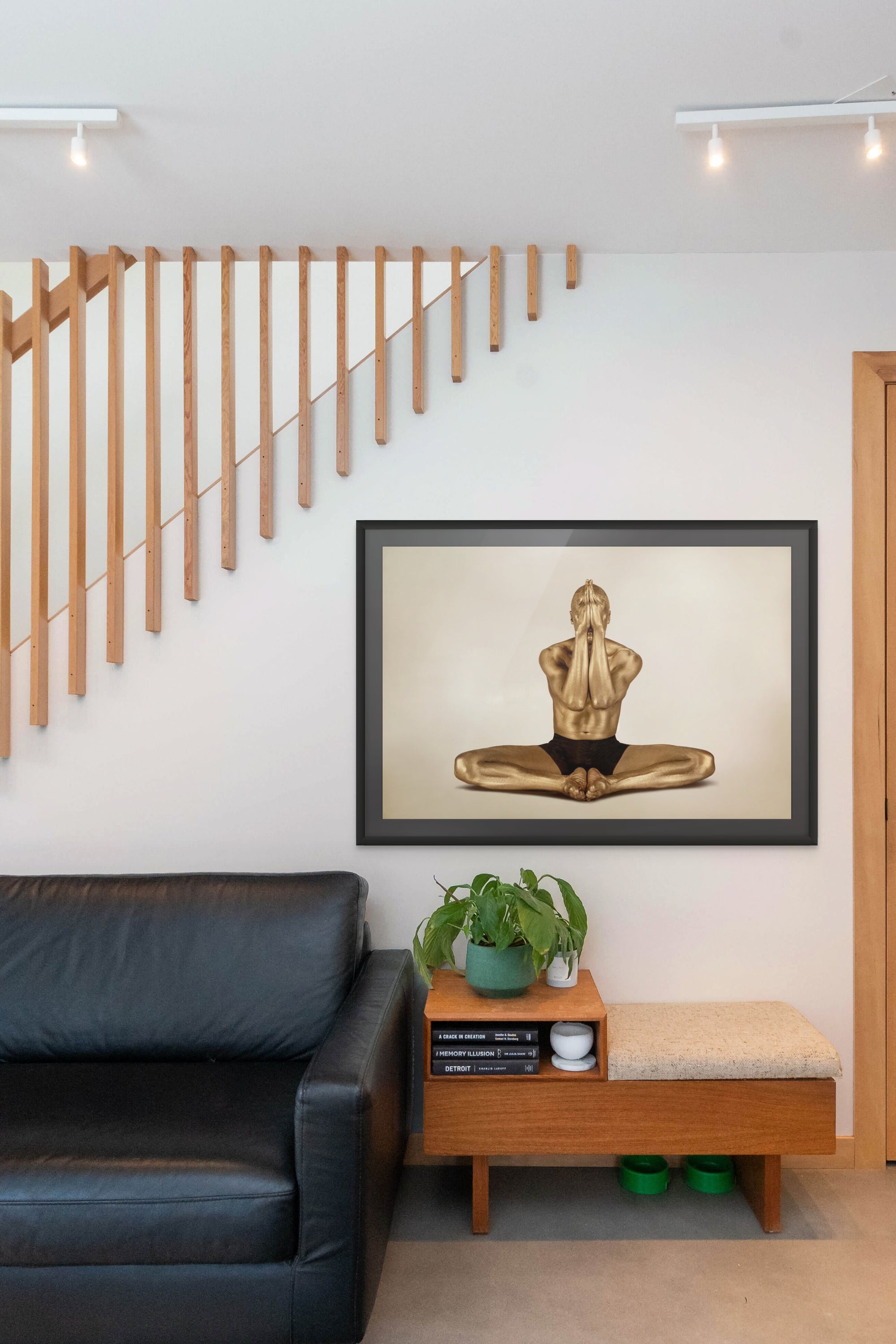 Golden-painted male figure in cross-legged yoga meditation pose, hands raised in prayer, conceptual fine art wall decor by Zack Zublena.