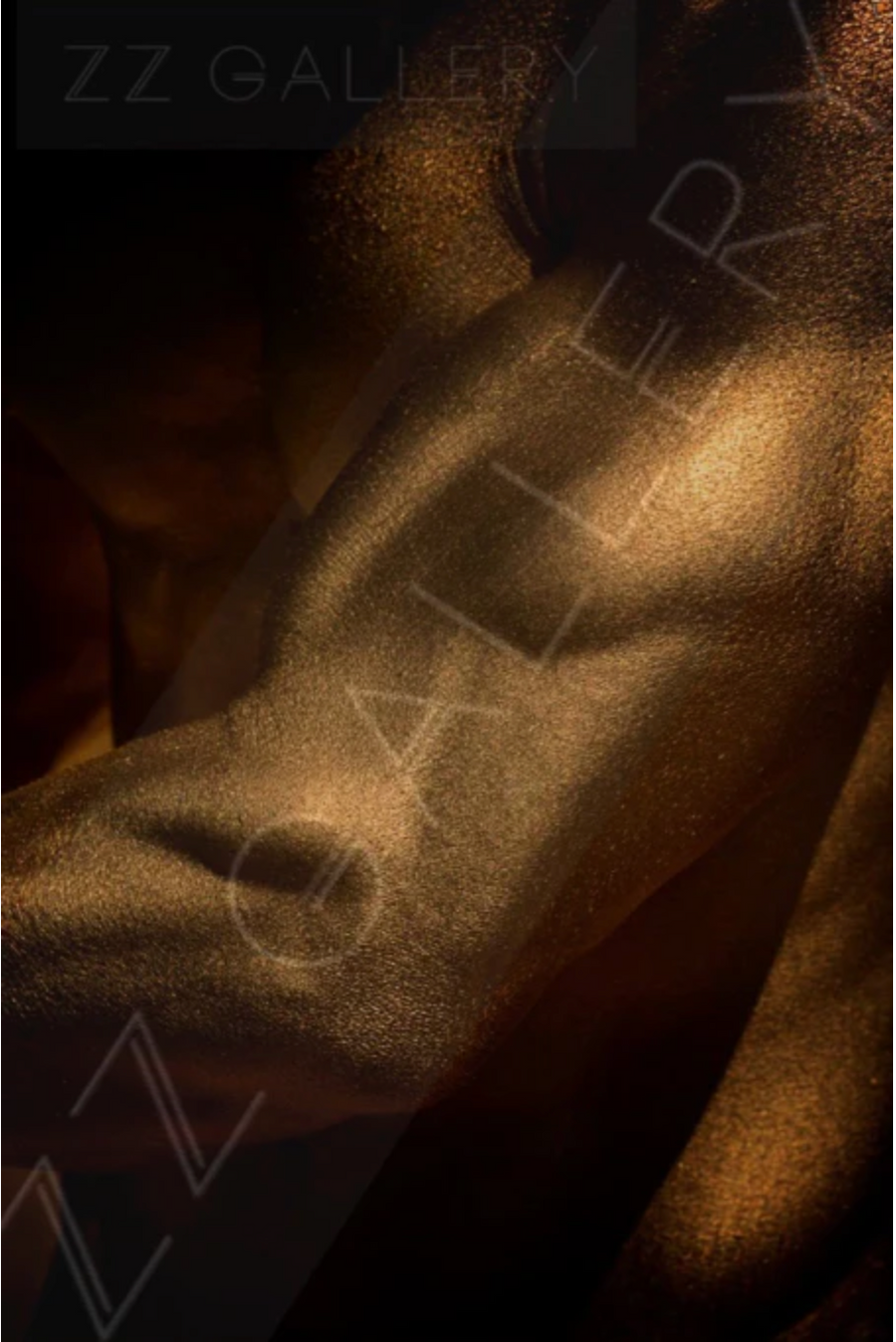 Golden male torso fine art photograph displayed in a refined dark interior with two armchairs, modern wall paneling, and soft spotlighting.