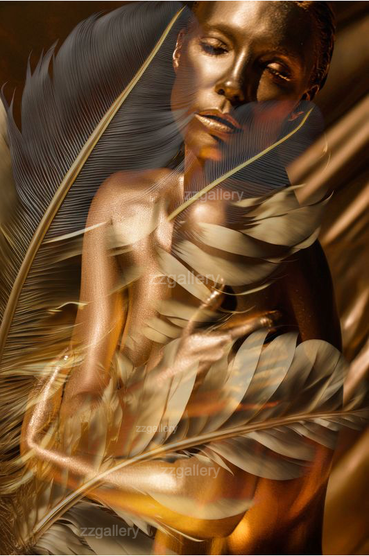 Golden nude woman fine art with feathers – sensual surreal photography by Zack Zublena