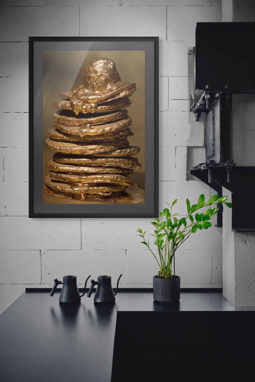 Golden pancake stack with melting topping – luxury fine art photography print for kitchen and dining wall decor.