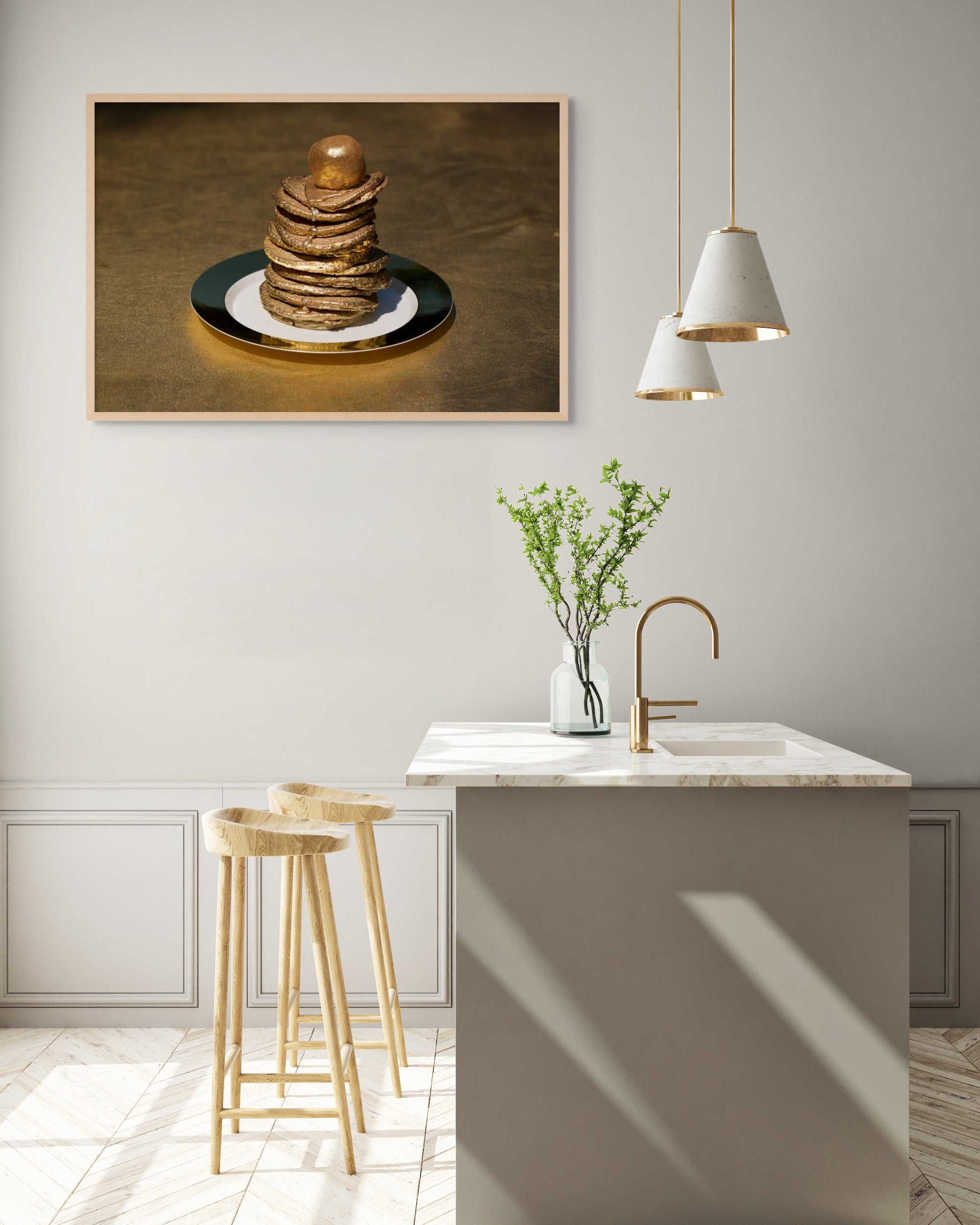 Fine art photograph of a golden stack of pancakes on a plate, symbolizing abundance and luxury, perfect as contemporary kitchen or dining room wall decor.