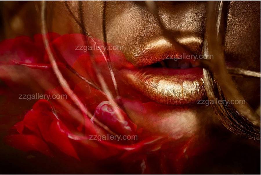 Close-up fine art photograph of golden-painted lips with a velvet red rose, creating an elegant and luxurious composition for modern wall decor and wellness interiors.