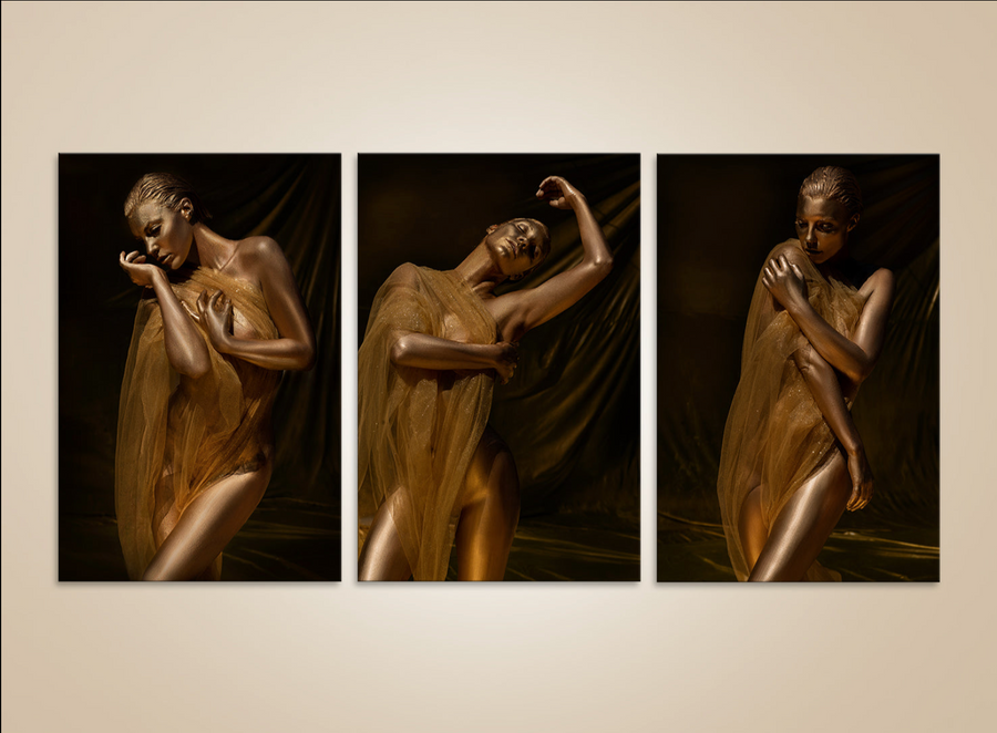 Golden silhouette goddess triptych wall art – luxury fine art photography with draped golden fabric