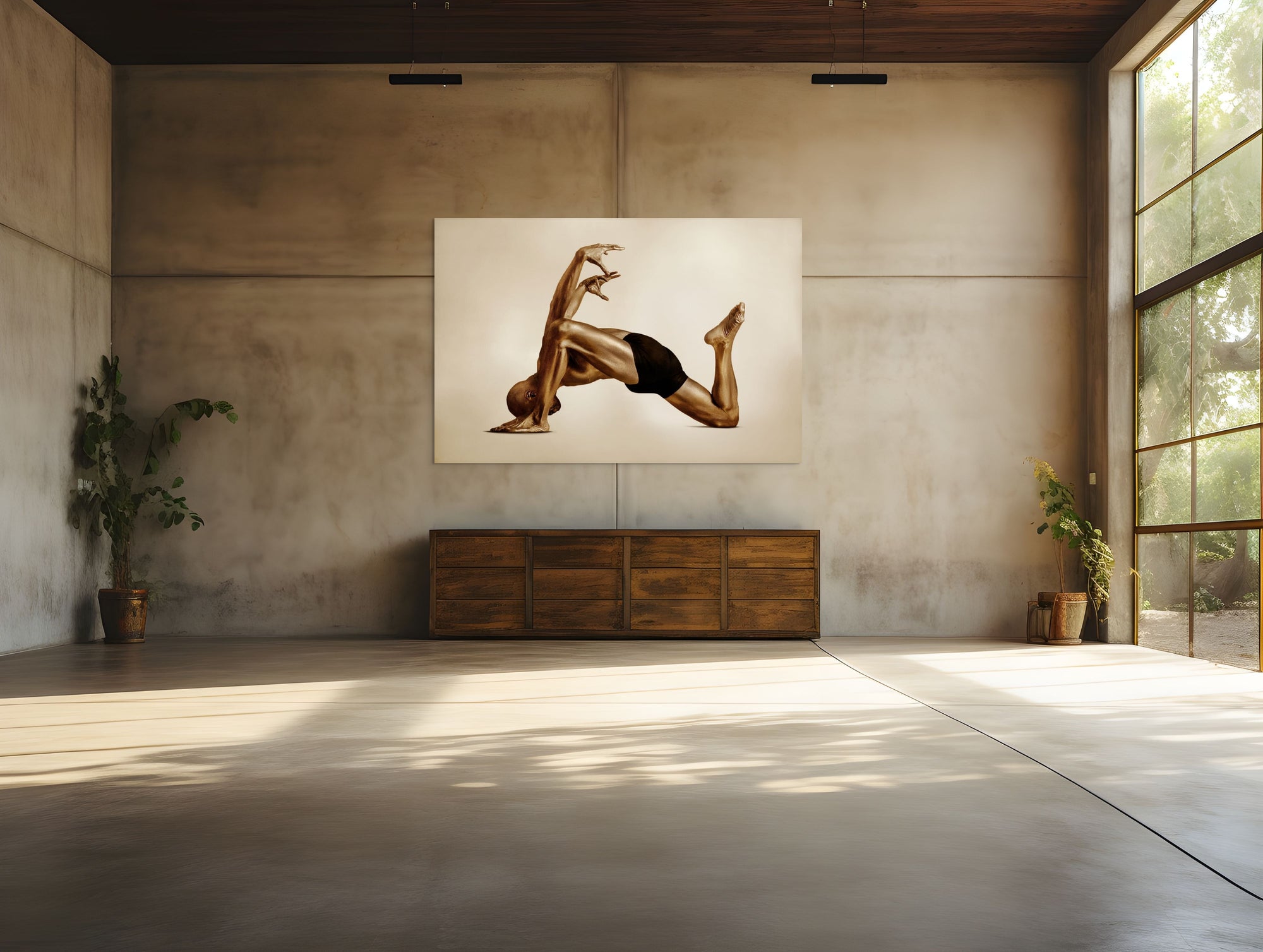 Golden-painted male figure in dramatic yoga bow pose, fine art photography highlighting strength, balance, and spiritual discipline for luxury wellness interiors.