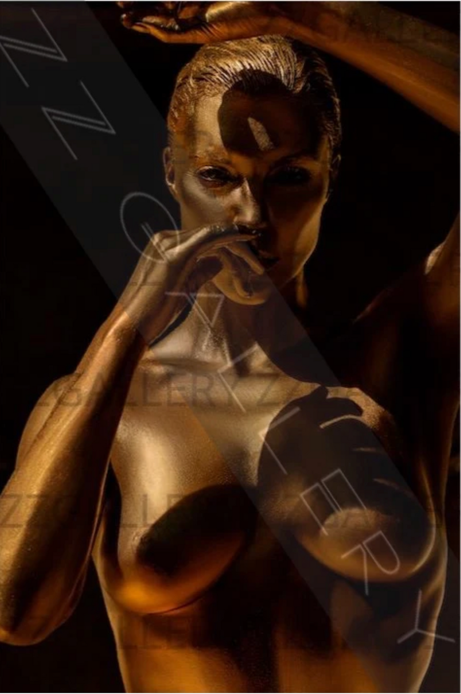 Golden figure fine art portrait by Zack Zublena displayed in a luxury modern interior, gold-painted body photography wall art, contemporary artistic wall decor.