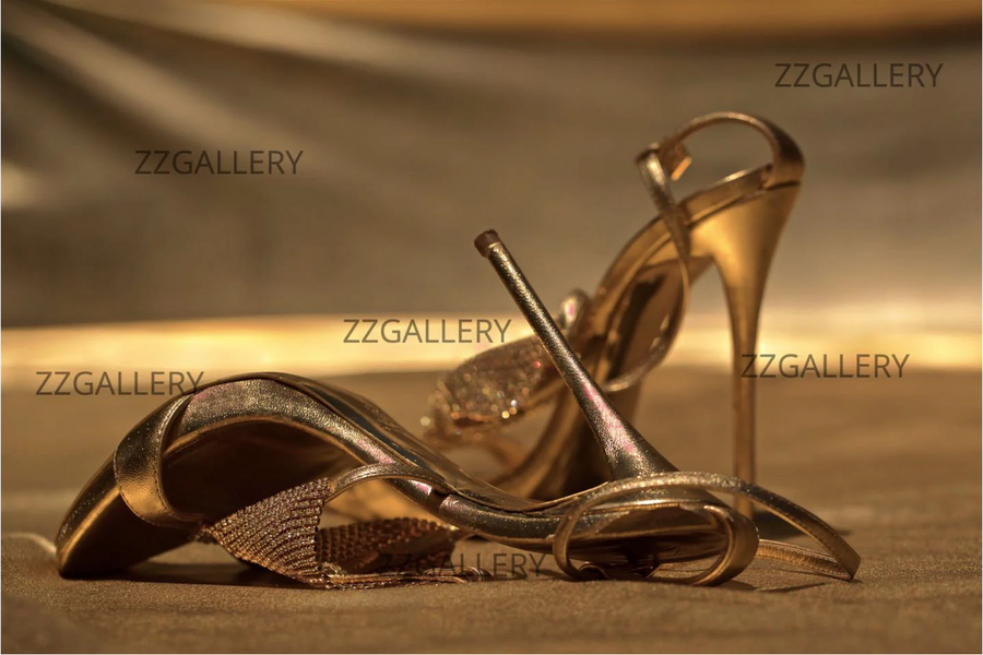 Golden high heels fine art photograph symbolizing elegance, passion, and sensual luxury, perfect for contemporary wall decor in stylish interiors.