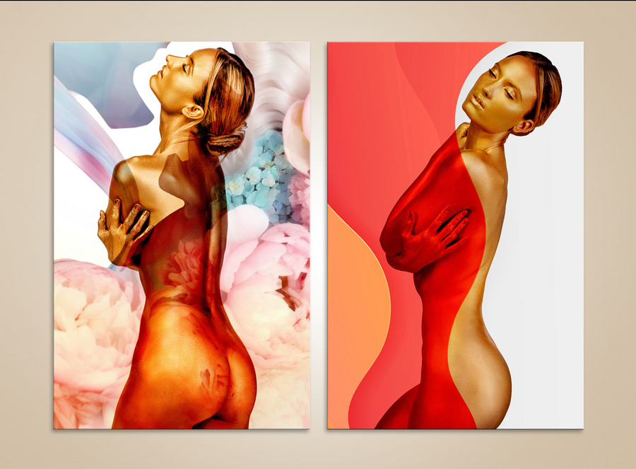 Golden woman diptych artwork, fine art photography with gold-painted body and abstract floral background for luxury interiors.