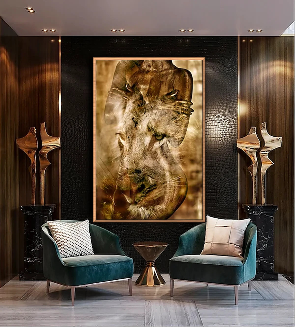 Golden-painted nude female figure blended with the face of a lion, symbolic fine art photography representing divine feminine power and animal spirit connection.