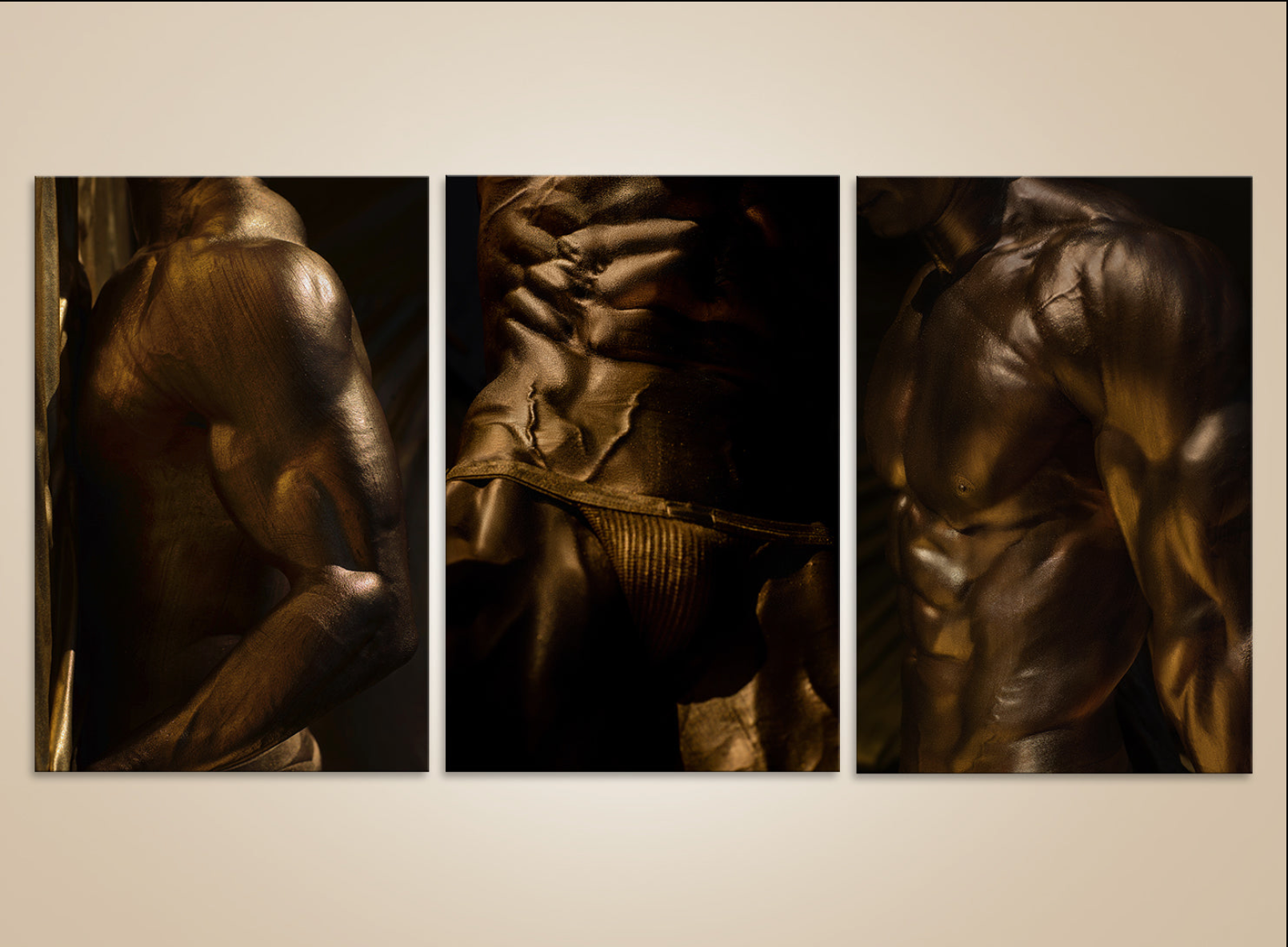 Luxury golden male torso triptych fine art print on museum paper, sculptural bodybuilder wall art for hotels, spas, collectors, and LGBTQ+ interiors.