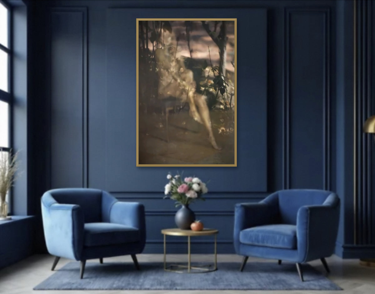 Muse's Whisper by Zack Zublena, a dreamlike soft-focus fine art photograph of a golden figure among dark foliage, framed above a navy blue living room with velvet armchairs, fine art photography by Zack Zublena