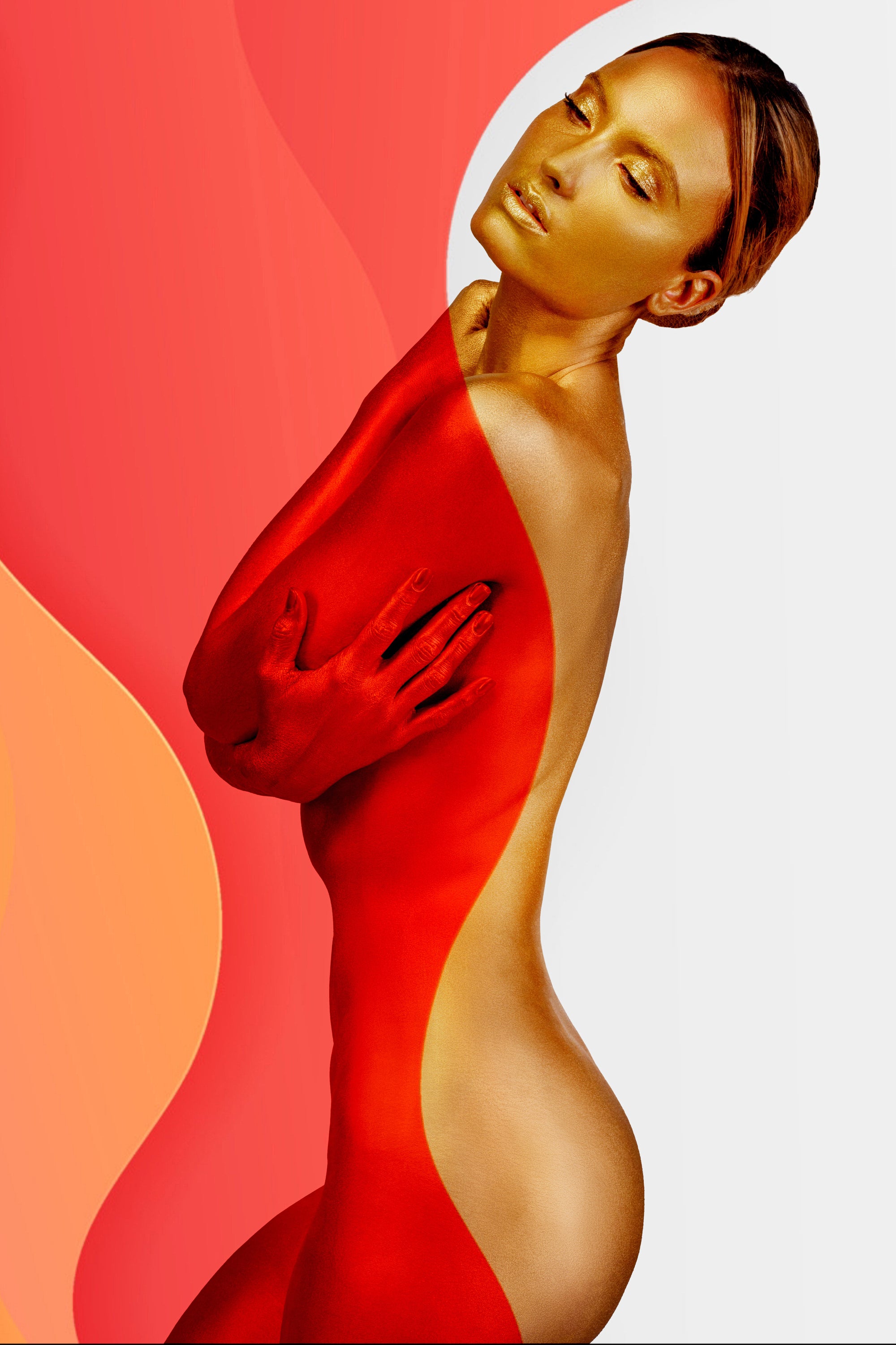 Golden nude female figure blending with bold red abstract waves, fine art body painting photography symbolizing passion and elegance.