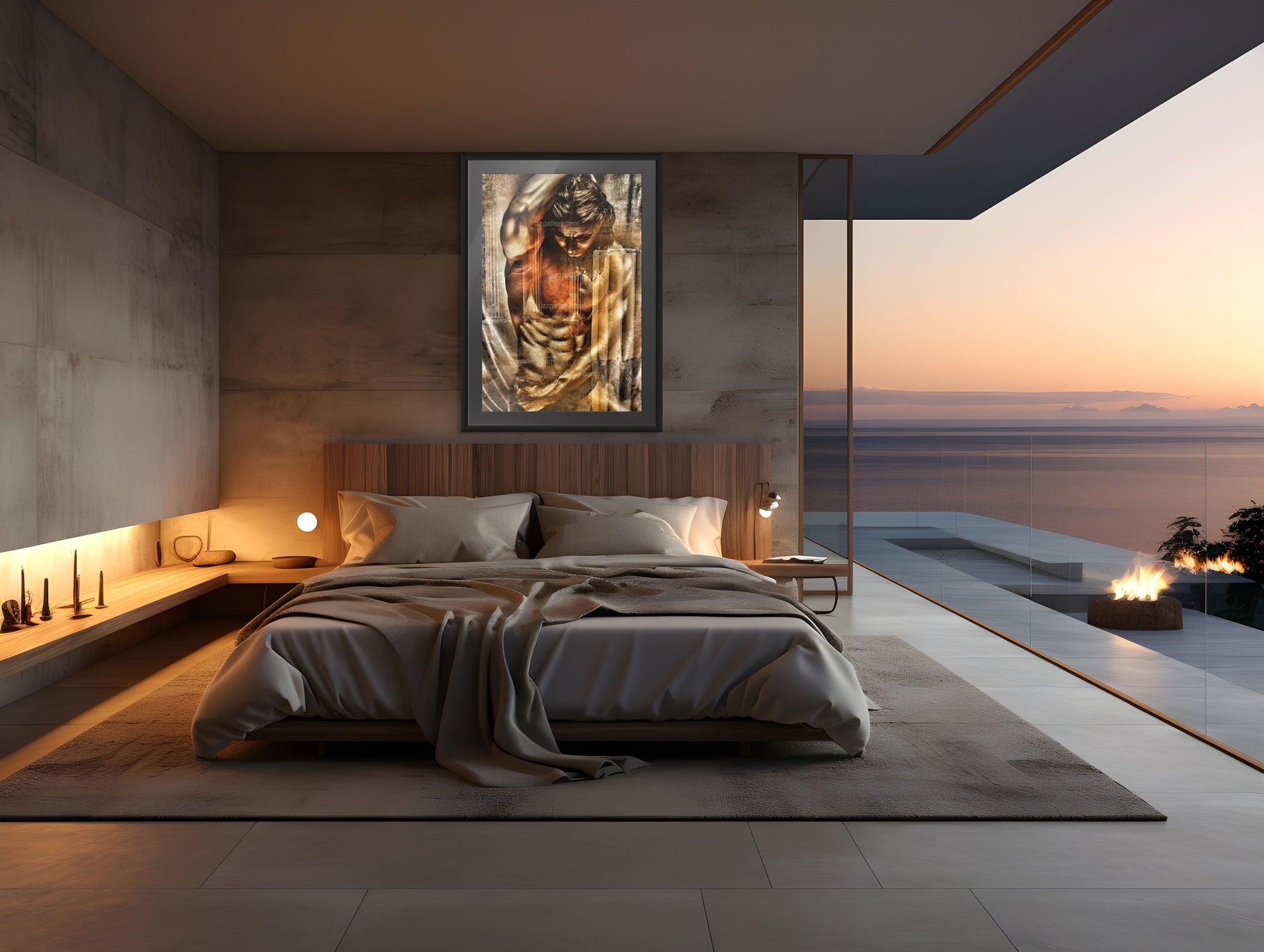 Luxuriöse Schlafzimmereinrichtung mit gerahmter Kunstfotografie von Zack Zublena – goldene, von der Renaissance inspirierte männliche Figur über dem Bett, modernes Küstendesign mit Blick auf den Sonnenuntergang.