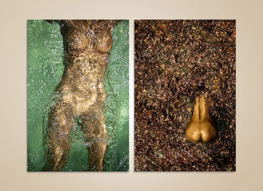 Set of 2 golden water and earth wall art prints by Zack Zublena — luxury spa, wellness, yoga, and meditation decor photography.