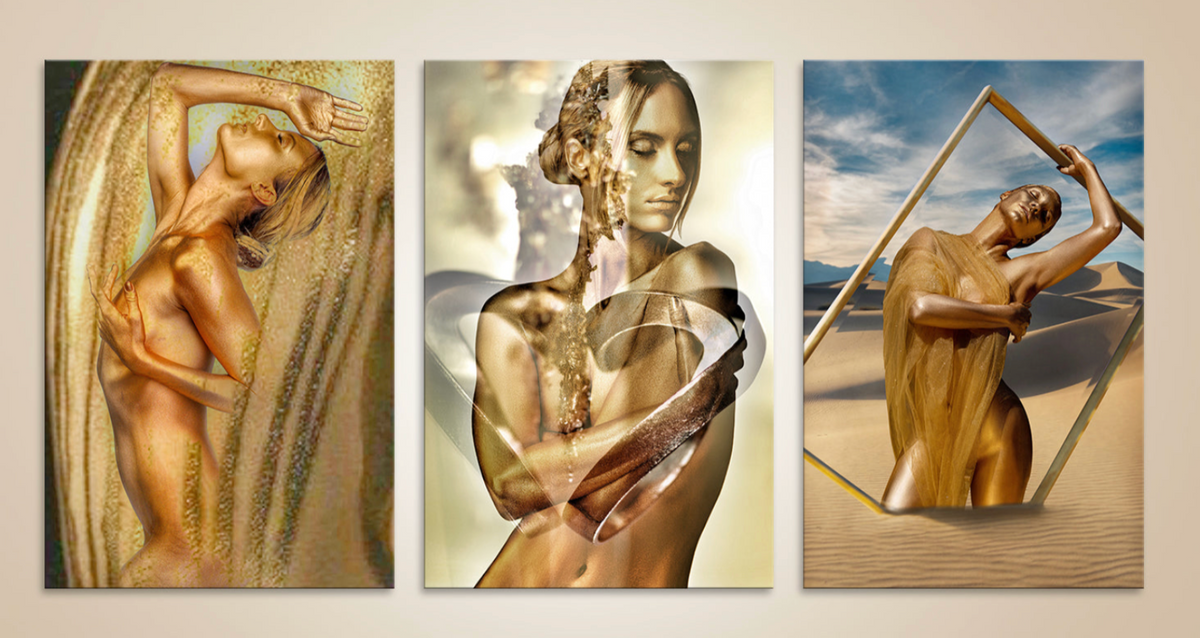 Triptych of a gold-painted female figure in desert dunes with a geometric frame; contemporary fine art photography.