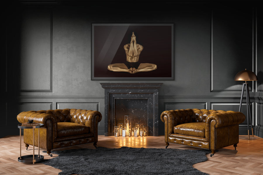 Golden-painted nude figure in meditation pose, headless form symbolizing ego dissolution, contemporary conceptual fine art by Zack Zublena.