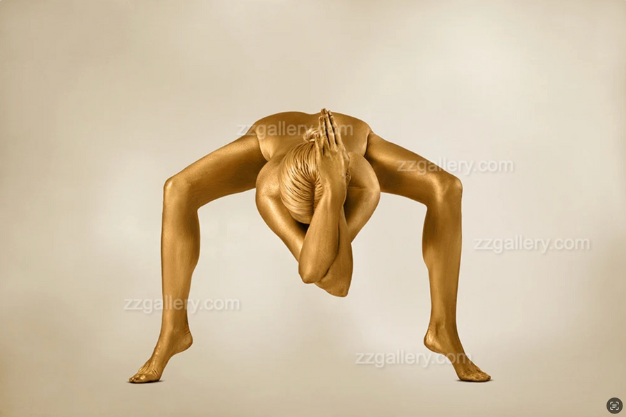 Framed golden yoga fine art print ‘Divine Alignement 2’ by Zack Zublena, displayed on a modern wall with decor elements, blending elegance with spiritual body art