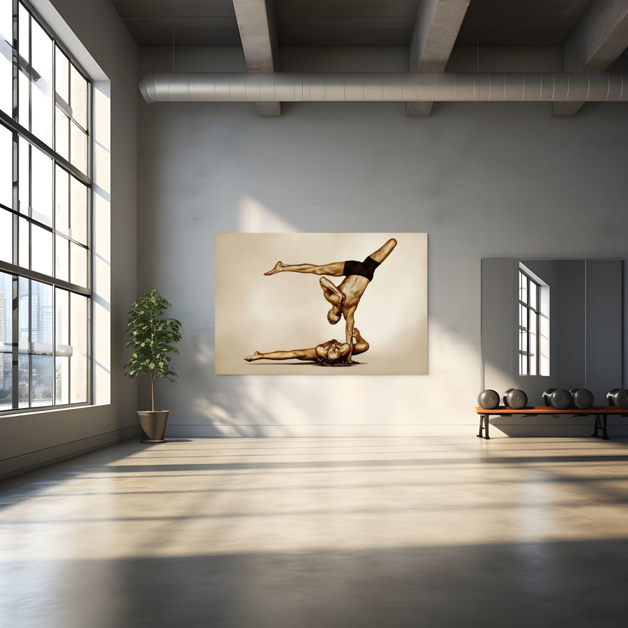 🖼️ Alt Text
Golden-painted couple in a sculptural acrobatic yoga pose, symbolizing strength, harmony, and balance. Fine art photography for luxury interiors.