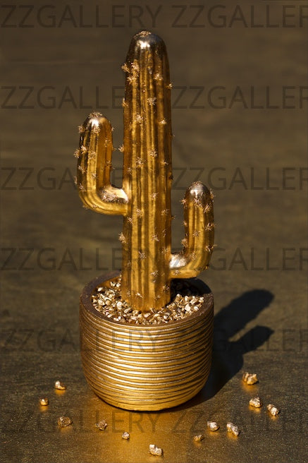 Luxury golden cactus fine art photography in shimmering pot – modern wall decor for kitchens, living rooms, or restaurants.