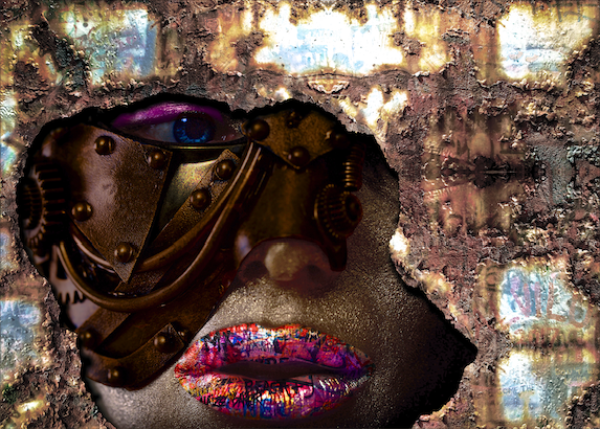 Futuristic fine art portrait of a face partly covered in a steampunk-inspired golden mask, contrasted with vibrant, shimmering lips against a textured abstract background. A powerful blend of surrealism, sensuality, rust, and contemporary wall art.