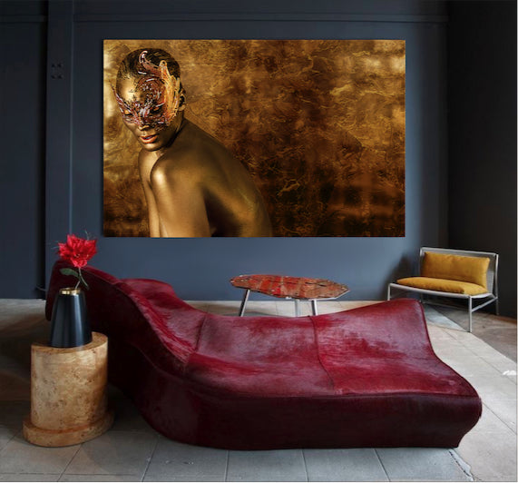 Golden masked female silhouette fine art photography on a luxurious gold background, elegant wall decor for modern interiors.