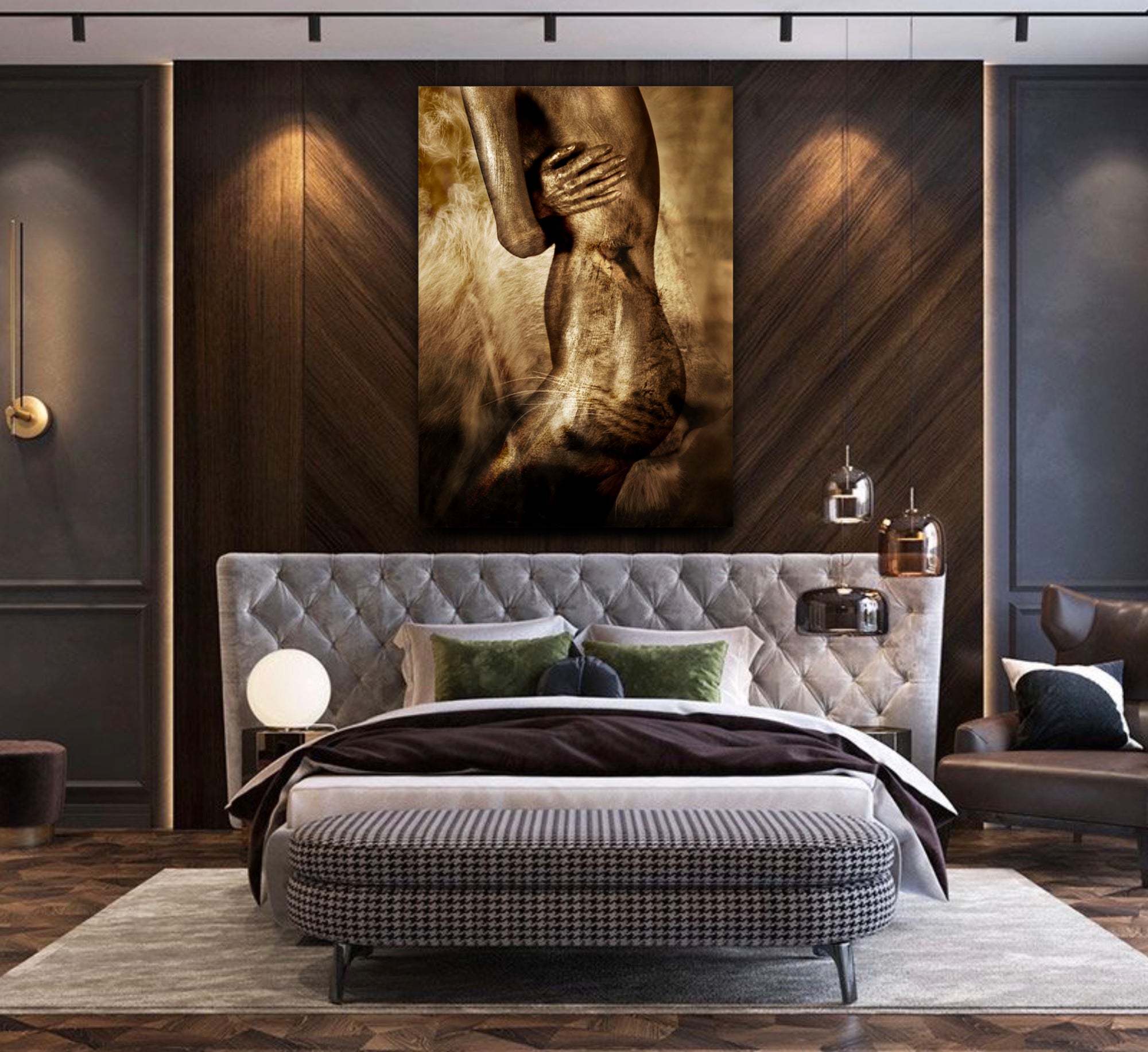 Golden-painted nude female figure seamlessly fused with a lioness, symbolizing divine feminine power and animal spirit, captured in a mystical and transformative fine art photograph