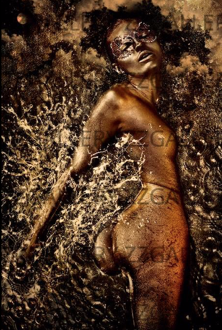 Golden silhouette fine art print with cosmic textures, displayed in a modern bedroom interior – luxury wall decor photography