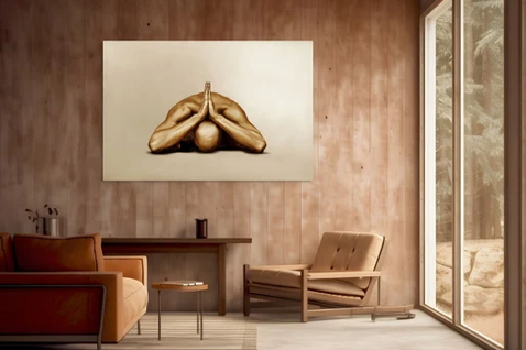 Framed gold-painted yoga figure by Zack Zublena displayed in a contemporary luxury club interior.