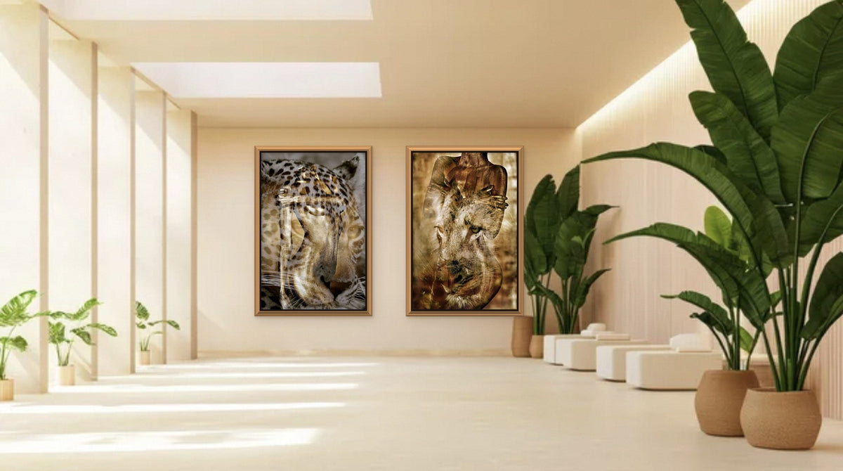 Bright architectural gallery lobby interior displaying a golden animal fusion fine art photography diptych by Zack Zublena.