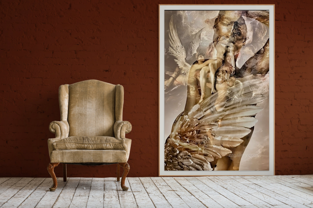 Golden-toned fine art photograph depicting a luminous angelic messenger and feminine figure in a symbolic annunciation scene, blending wings, light, and sculptural silhouettes for elegant wall decor.