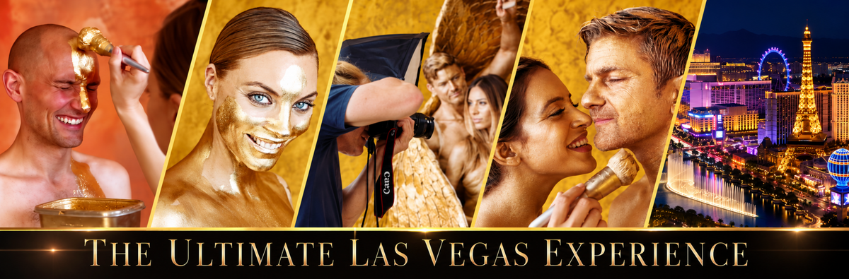 Zack Zublena’s gold photoshoot experience: gold body painting, a portrait session, a golden couple, and the Las Vegas skyline.