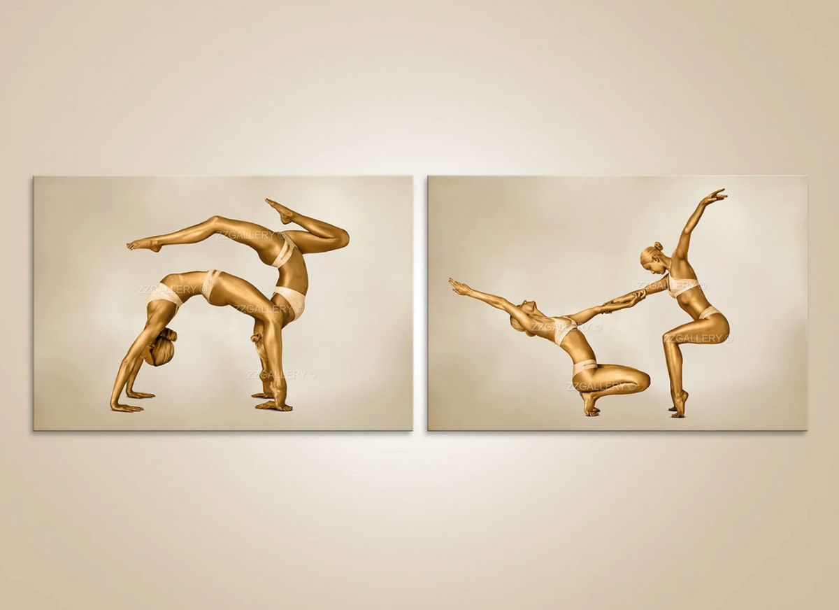 Diptych of gold-painted dancers in acrobatic yoga poses, fine art photography by Zack Zublena on a warm cream background