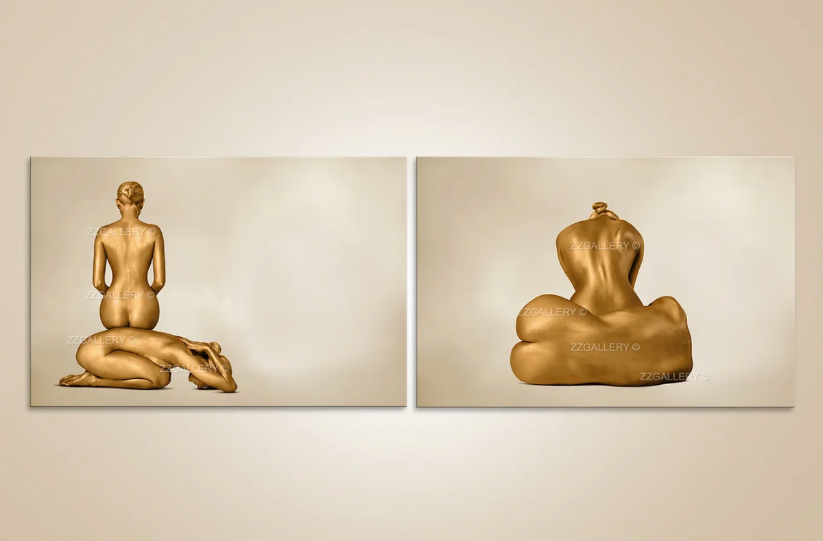 Fine art diptychs and triptychs featuring gold-accented photography installed in a luxury interior space by Zack Zublena.