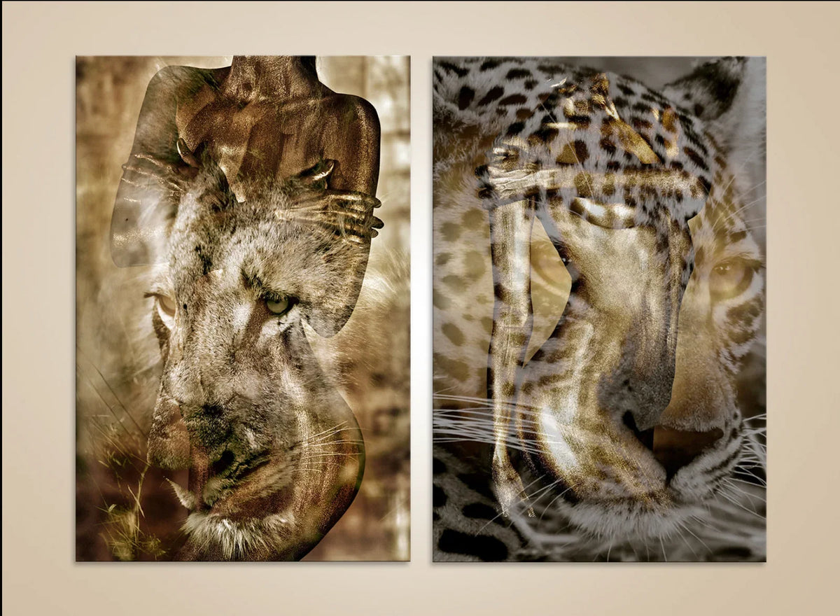 Animal Fusion diptych by Zack Zublena: two fine art photographs blending a human figure with a lioness and a leopard in warm sepia tones, displayed on a neutral wall