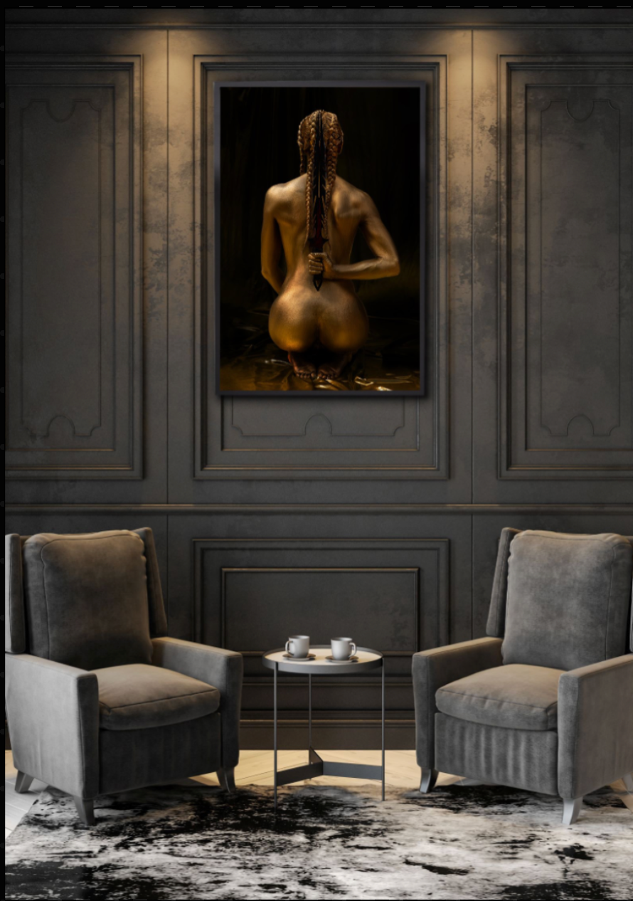 Framed rear-view portrait of a gold-painted woman with braided hair by Zack Zublena, displayed in an elegant dark luxury interior.