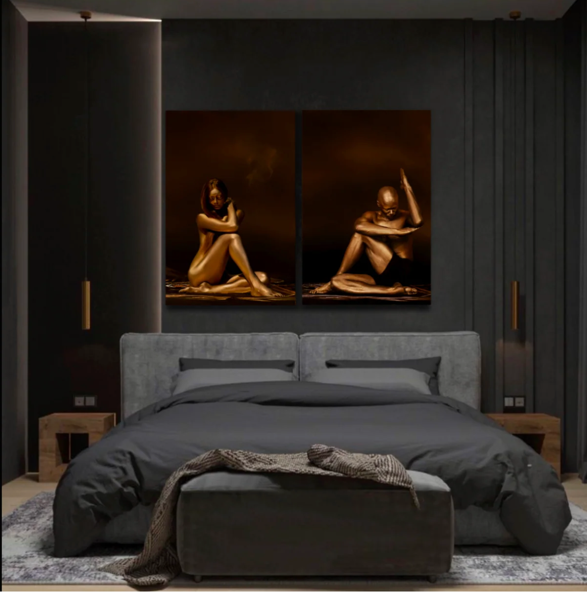 Gold fine art diptych by Zack Zublena: two gold-painted seated figures in mirrored poses above a grey bed in a dark modern bedroom