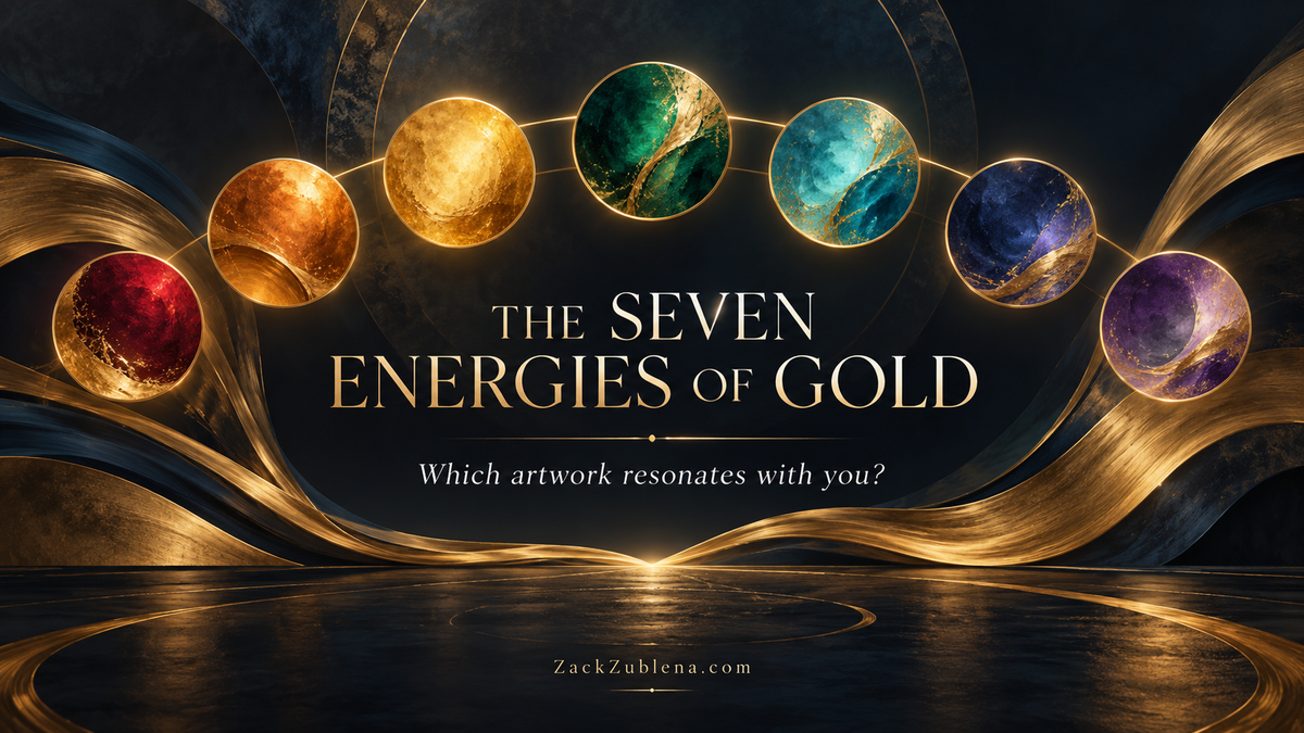 Seven colored circles with gold textures above flowing golden ribbons on a dark blue background, illustrating The Seven Energies of Gold by Zack Zublena.