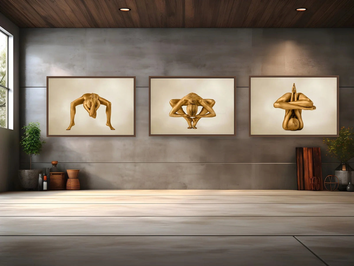Triptych of golden-painted yoga figures by Zack Zublena, featuring Divine Alignment, Rocket Launch, and Balance poses, celebrating strength, flexibility, and sacred geometry in fine art photography.
