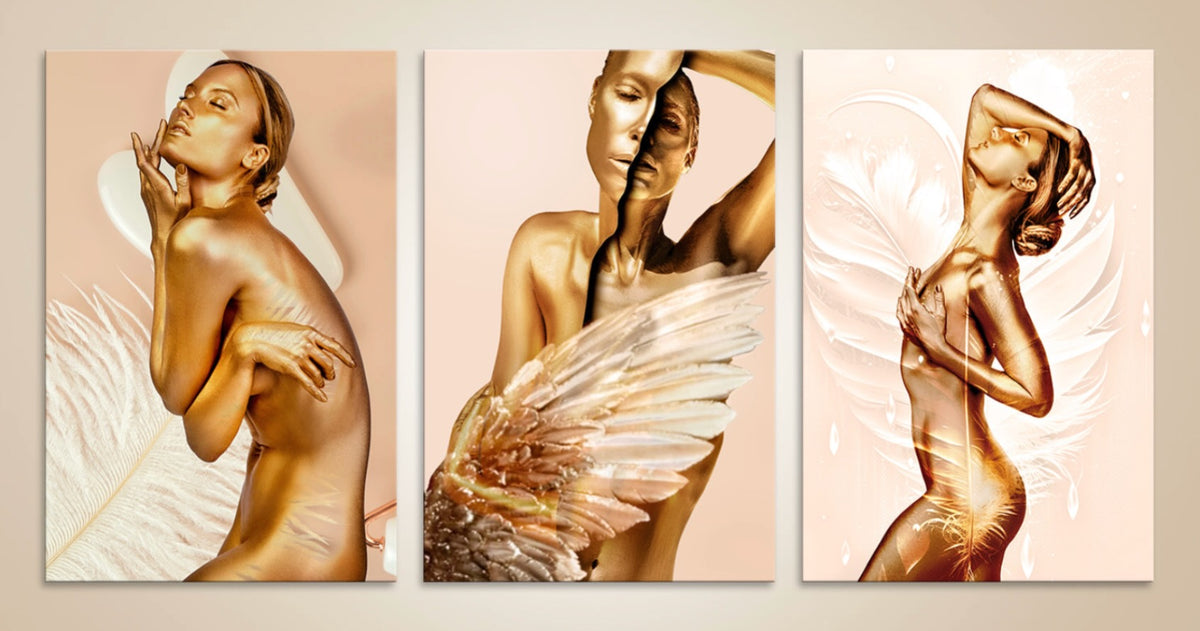Golden silhouette with feather accents – luxury fine art triptych wall decor

