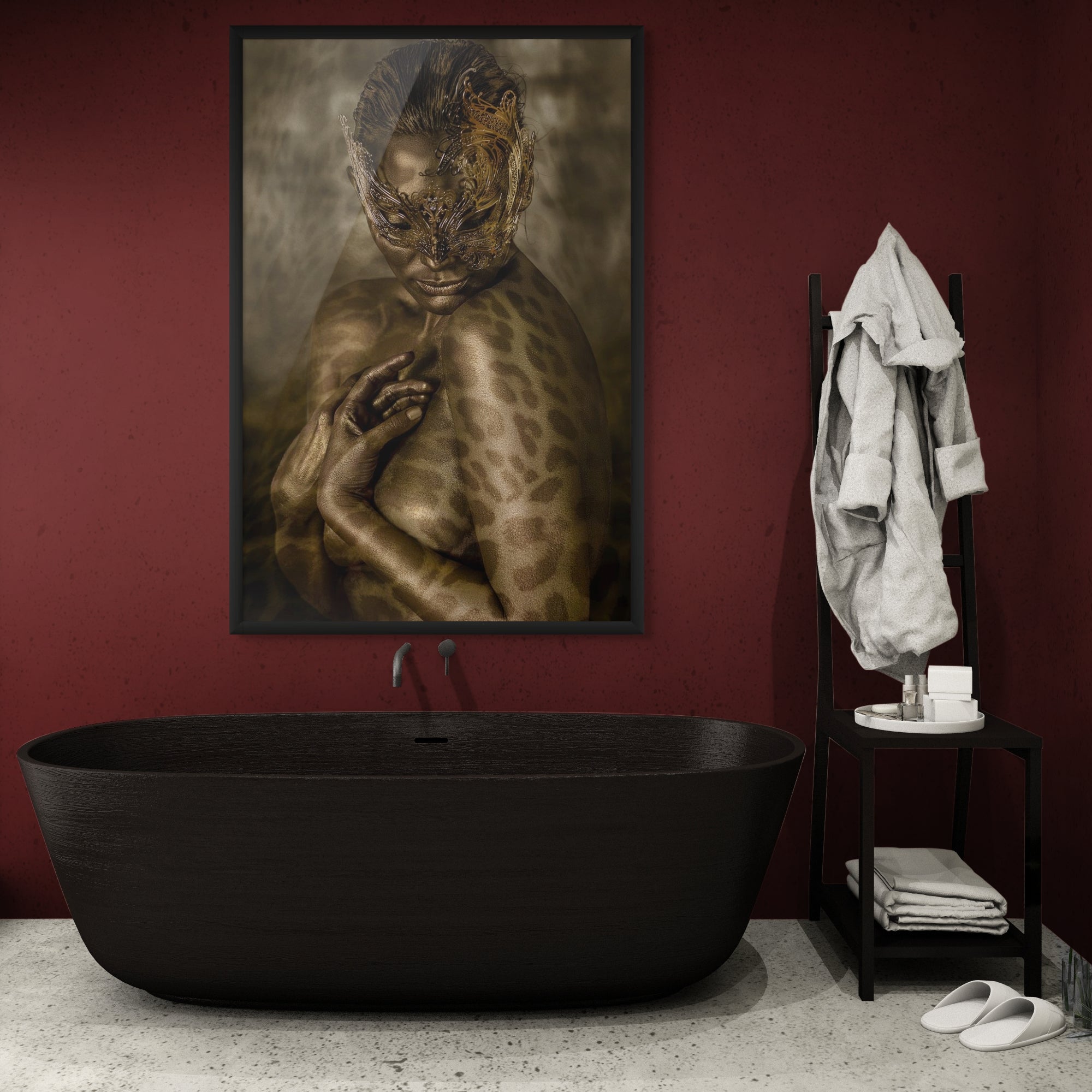 Goddess golden figure fine art photograph, adorned with shimmering leopard patterns and a mystical mask, symbolizing divine feminine power, feline spirit, and primal transformation.