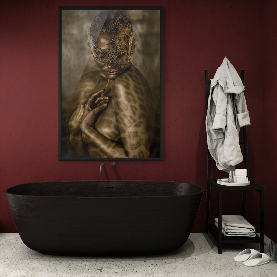 Goddess golden figure fine art photograph, adorned with shimmering leopard patterns and a mystical mask, symbolizing divine feminine power, feline spirit, and primal transformation.