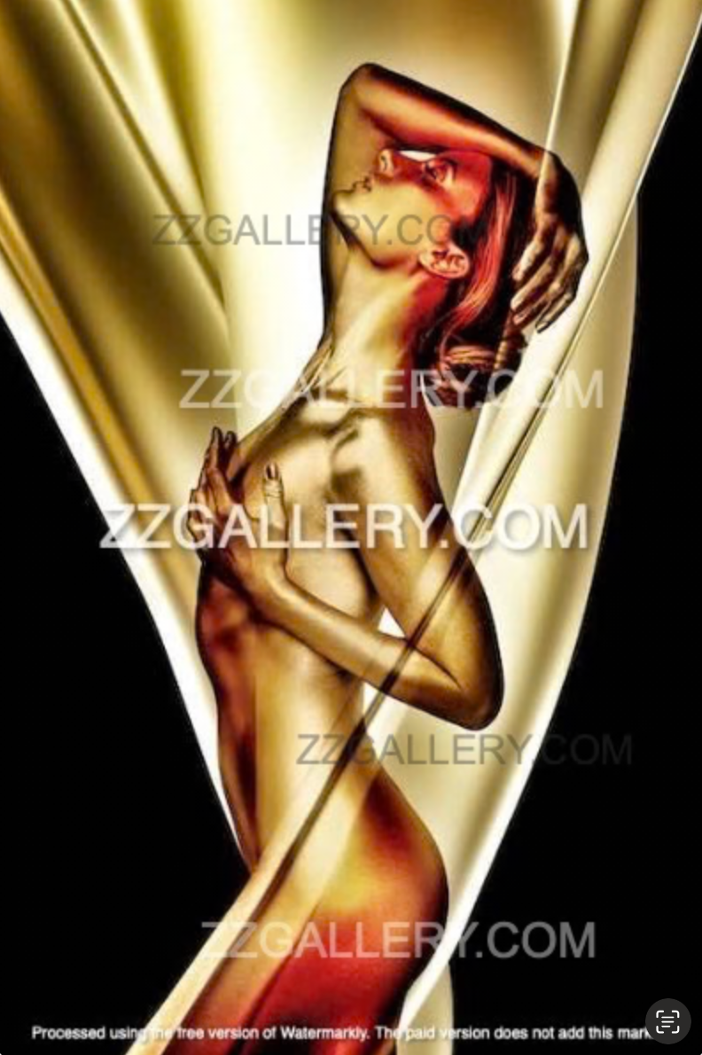 Black background gold female nude with flowing abstract ribbon curves — modern figurative wall art by Zack Zublena
