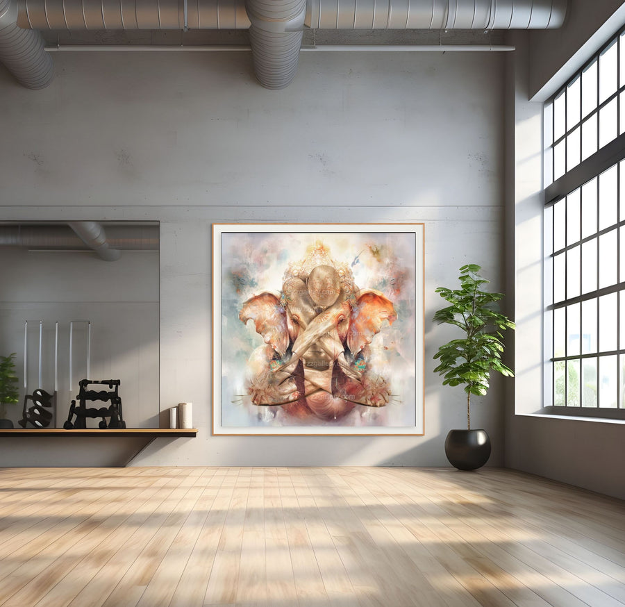 Golden fine art depiction of Lord Ganesha in ethereal tones, blending soft pastels and divine light. A sacred artwork symbolizing wisdom, abundance, and spiritual protection, perfect for meditation rooms, yoga studios, or luxury interior wall decor