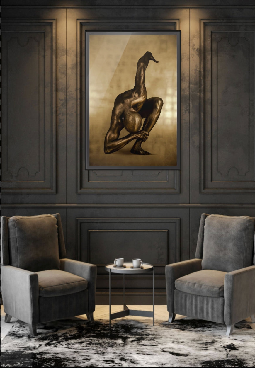 Golden-painted yoga fine art photography by Zack Zublena displayed in a luxury interior mockup with elegant chairs and dark wall paneling