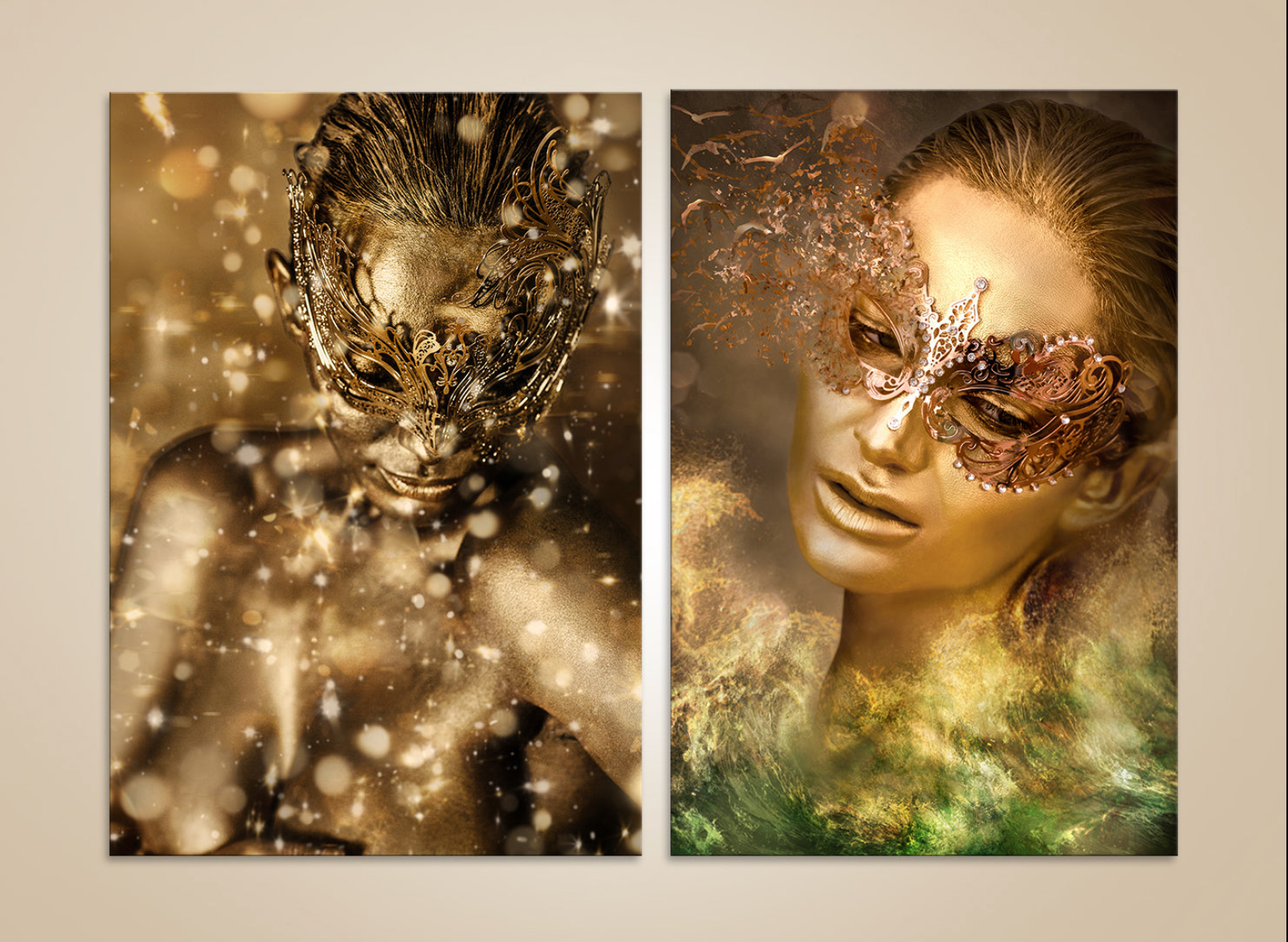 Golden Venetian mask diptych wall art with luxury carnival Venice fine art photography in gold and surreal masquerade style