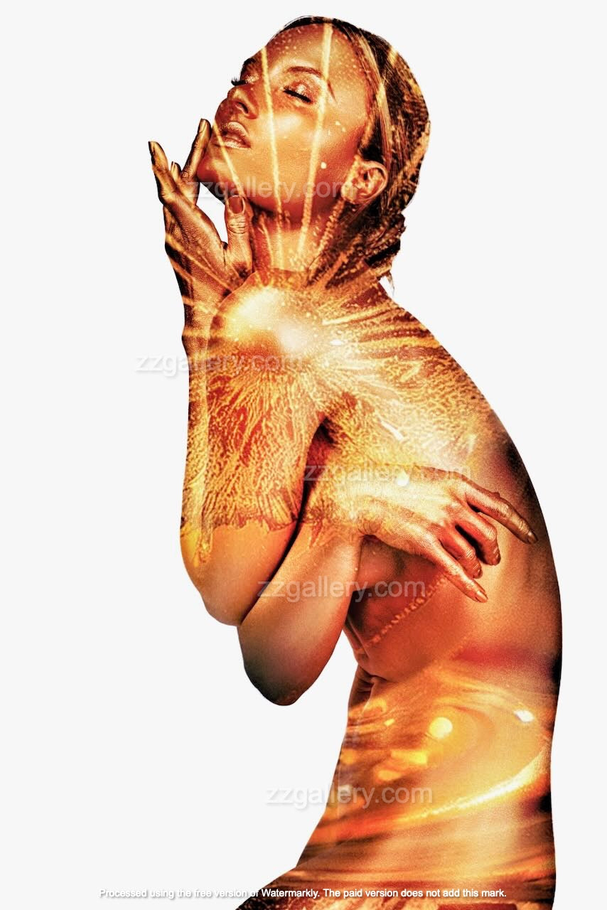 Golden figure with glowing heart chakra, head tilted back in ecstasy, radiating divine light energy – fine art body painting by Zack Zublena