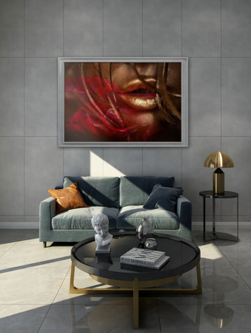 Close-up fine art photograph of golden-painted lips with a velvet red rose, creating an elegant and luxurious composition for modern wall decor and wellness interiors.