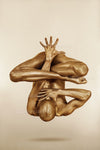 Gold-painted floating male nude in mystical twisted prayer pose – fine art photography