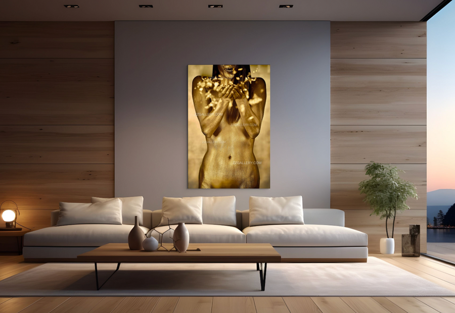 Golden-painted figure blowing radiant particles of light, fine art photography by Zack Zublena symbolizing divine blessing, feminine energy, and sacred illumination for luxury wall decor.