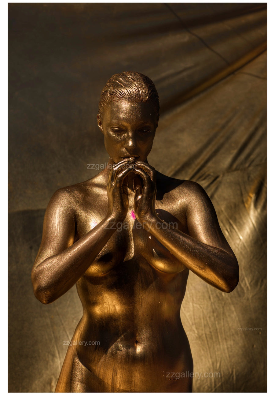 Sacred Silence fine art photograph by Zack Zublena displayed as large golden wall art in a modern living room with neutral décor.